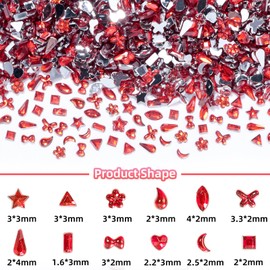 2000 Pcs Red Rhinestones Nail Art Charms, Multi Shape Crystal Flatback Stones and Gems, Tiny Heart Star Flower Mini Charms for DIY Nail Art
