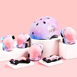 Kids Helmet with Knee Pads Elbow Pads and Wrist Guards,Adjustable Protective Gear Set for Girls Age 3-5-8 Years fit Roller Skates, Bicycle, Skateboarding, Scooter (Pink)