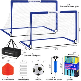 Kids Soccer Goals for Backyard Set - 2 of 6x4 ft Portable Soccer Goal Training Equipment, Practice Soccer Net with Soccer Ball, Cones, Bag, Soccer Set for Kids Youth Toddler Games, Sports Outdoor Play