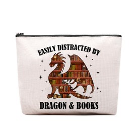 Wings Dragon Books Reading Makeup Bag, Cute Gifts For Books Novel Lovers, Easily Distracted Cosmetic Bag, Travel Toiletry Pouch With Zipper, Birthday Anniversary Christmas Gifts For Mom Sister