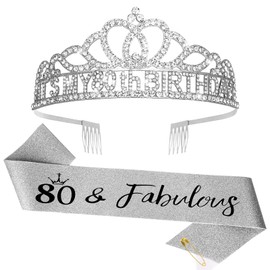 BAHABY 80th Birthday Decorations - Silver Sash & Crowns for Women's 80th Birthday Gifts