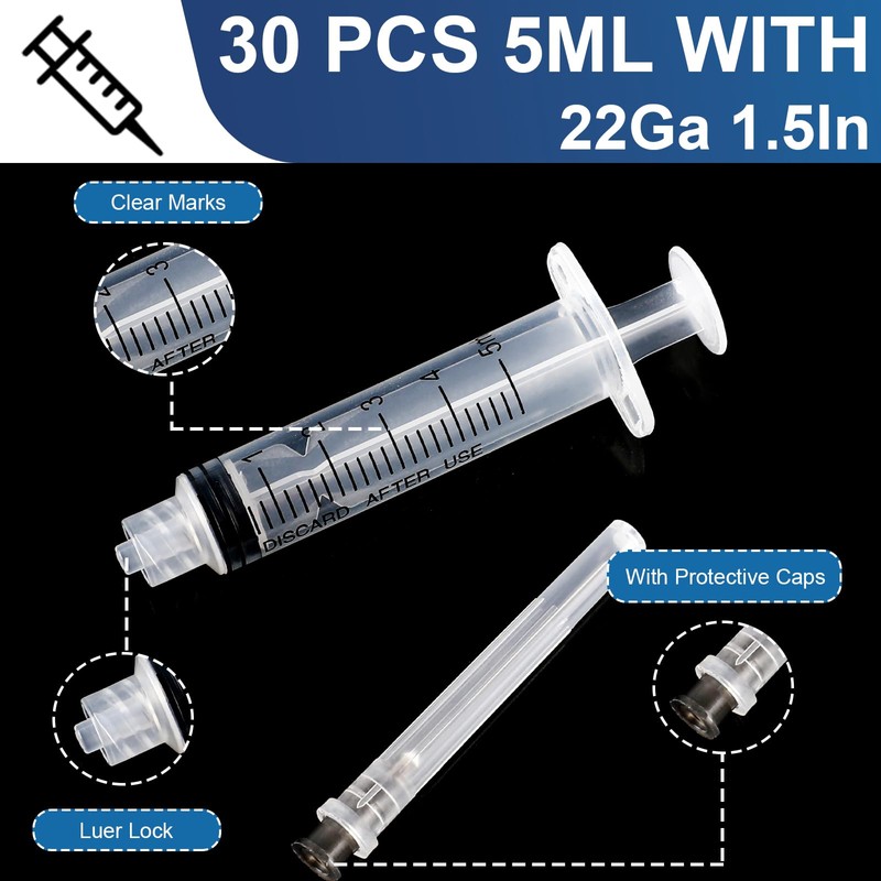 TENKAIWICK 30 Pack 5ml Syringes with Needle-22Ga 1.5Inch，Individually Sealed Packaging,