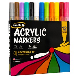 Bandle B. Acrylic Paint Markers – Set of 12 Paint Pens for Art, Fabric, Coloring, and Journaling–Quick-Drying, Waterproof, Non-Toxic, Reversible Chisel-Dot Tip