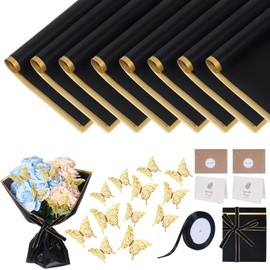 20 Sheets Waterproof Flower Wrapping Paper, White Bouquet Floral Wrapping Paper with Ribbons, Cards, Butterfly Decorations for Flower Gift Wrapping(Black)