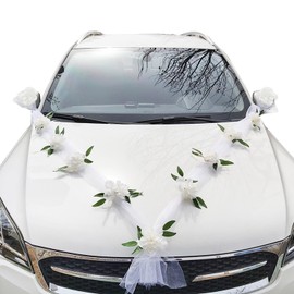 1 Set of Wedding Car Decorations, Wedding Car Front Decoration, Mesh Garland, Wedding Car Decoration Set, Romantic Flower Head Decoration, Suitable for Wedding Cars and Fleet Decorations