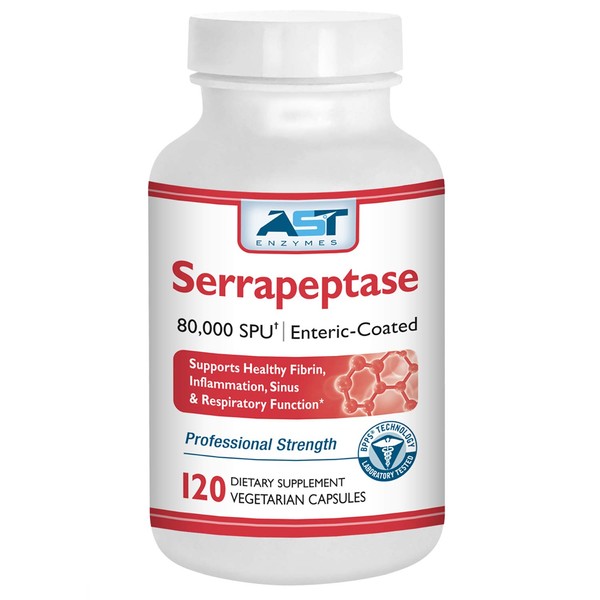 AST Enzymes Serrapeptase 80,000 SPU – 120 Vegetarian Capsules - Premium Natural Systemic Enzymes – Enteric-Coated Serrapeptase