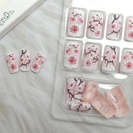 24Pcs Flower Press on Nails Medium Square Fake Nails Cherry Blossoms with Rhinestones Glitter Designs Full Cover Pink Ombre Glue on Nails Spring Summer False Nails for Women Girls Acrylic Nail Art