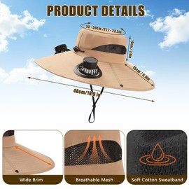 Solar Fan Hat, Outdoor Wide Brim Sun Hat for Men Women UPF 50+ Bucket Hat Hands-Free Cooling for Fishing Hiking Gardening (US, Alpha, One Size, X-Large, Khaki)
