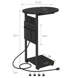 Vagusicc C Shaped End Table with Charging Station, Small Side Table for Couch, TV Tray Slide Under Sofa Table for Living Room Bedroom, Round Couch Side Table C Table for Sofa, Black