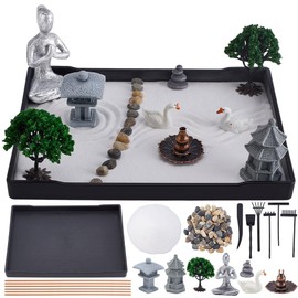 WEBEEDY Desktop Meditation Yoga Zen Garden Kit Japenese Sand Garden for Home Office Desktop Relaxation,Sand Tray Kit Sandbox Decor Accessories Zen Gifts,Rectangular(21x15.7cm)