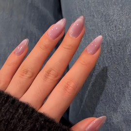 KQueenest Cat Eye Dusty Pink Press on Nails Almond Shape, Glitter Fake Nails Medium, Thick Sparkly Glass Nails Press on, Shiny Acrylic Nails, Cute Bling Stick on Nails for Women, 30 Pcs