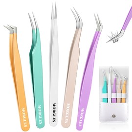 MORGLES Straight&Curved Lash Tweezers for Eyelash Extensions, 5pcs Eyelash Tweezers for False Lashes, Precision Tweezers for Crafting Lash Applicator Tool for Girls Women Beginners