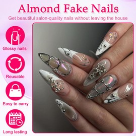 24Pcs Gothic French Press on Nails Almond Long, Silver White Fake Nails with Pentagram Pattern, 3D Handmade Full Cover Acrylic Stick on Nails, Removable Glue-on Fake Nail for Women Girls Daily Wear
