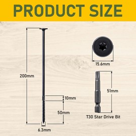Valorada 20Pcs 6.3 x 200mm Wood Screws, Decking Screws, Heavy Duty Construction Structural Screw, Rust Resistant Black Wood Screw, with T30 Star Bit
