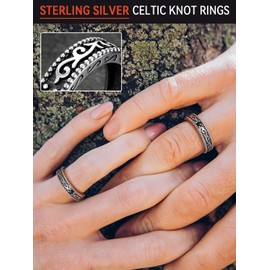 FaithHeart 925 Silver Ring with Black Cubic Zirconia, Viking Rune Ring for Men and Women, 3 mm Wide Celtic Knot Finger Ring, Retro Thumb Ring, Viking Jewellery for Birthday Christmas Party