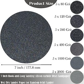 Tonmp 30 PCS Discos de Lija de Carburo de Silicio con Velcro de 7 Pulgadas - 5 piezas cada uno de Granos 80 120 240 400 1000 y 2000 Papel de Lija Húmedo/Seco para Lijadora Orbital Aleatoria