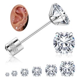 Jstyle Threadless Flat Back Earring, Hypoallergenic Surgical Stainless Steel Cubic Zirconia Earrings Studs, CZ Stud Earrings for Women Men Cartilage Earring 2-8mm