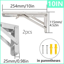 Ruidee 2Pcs Folding Shelf Brackets 250mm Metal Support Bracket Wall Mounted Folding Table Hinge for Kitchen Bedroom Work Bench (ZD/Silver/10in)