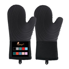 Silicone Oven Mitts-13.6 in Extended Oven Mitts Heat Resistant 500F, Oven Gloves with Soft Liner Good Grippy BPA-Free Easy to Clean Flexible-Oven Mits Set for Cooking Baking Grilling BBQ-Black