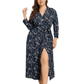 Lastshe Plus Size Robes Women's Long Knit Kimono Lightweight Soft Ladies Casual Bathrobe Sleepwear Loungewear,Dark Blue Flower,4X