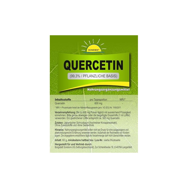 Quercetin, High Purity (99.3%, Plant-Based), Vegan, No Additives, with Dosing