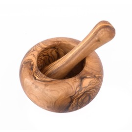 Mortar with Pestle Made of Olive Wood, Herb Mortar, Handmade with Natural Rim, Kitchen Mortar, Wooden Mortar - Sustainable Herb and Spice Mortar (Diameter 12 cm)