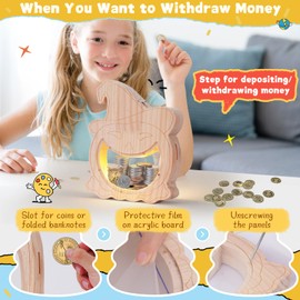 GLUTIA Pumpkin Piggy Bank for Kids with Led Light, Glow in Dark Unbreakable Wooden Piggy Bank with DIY Colors, Kids Safe Bank for Birthday