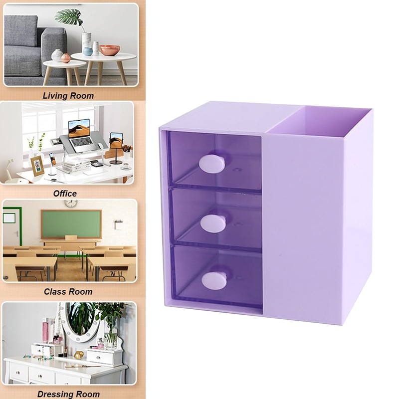 AIMALL 3-Drawer Pen Organizer, Multi-Purpose Purple Storage Box, Plastic Cosmetic