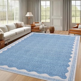 CAREMEE Scalloped Washable Rug 9x12 Area Rugs for Living Room, Solid Blue Rug for Bedroom Girls, Non Slip Throw Mat with Rubber Back, Soft Dorm Nursery 9x12 Carpet for Dining Room