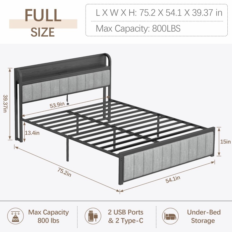 Vecelo Bed Frame with Storage Headboard Power Outlet Full Queen
