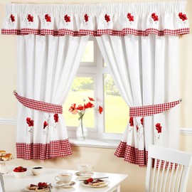 HomeSpace Direct Poppies Pencil Pleat Kitchen Pelmet 136 x 10 inch Embroidered Floral Gingham Checked, Polyester, Red, 136 x 10-Inch