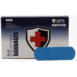 GPS Blue Metal Detectable Elastic Strip Bandages, 1" x 3", Sterile, Latex-Free, Flexible Fabric, Food Service Safety, 100 Per Box
