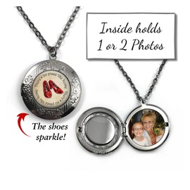 The Wonderful Wizard of Oz There's No Place Like Home Handmade Locket with Red Ruby Slippers that Sparkle, Round Metal Necklace Charm