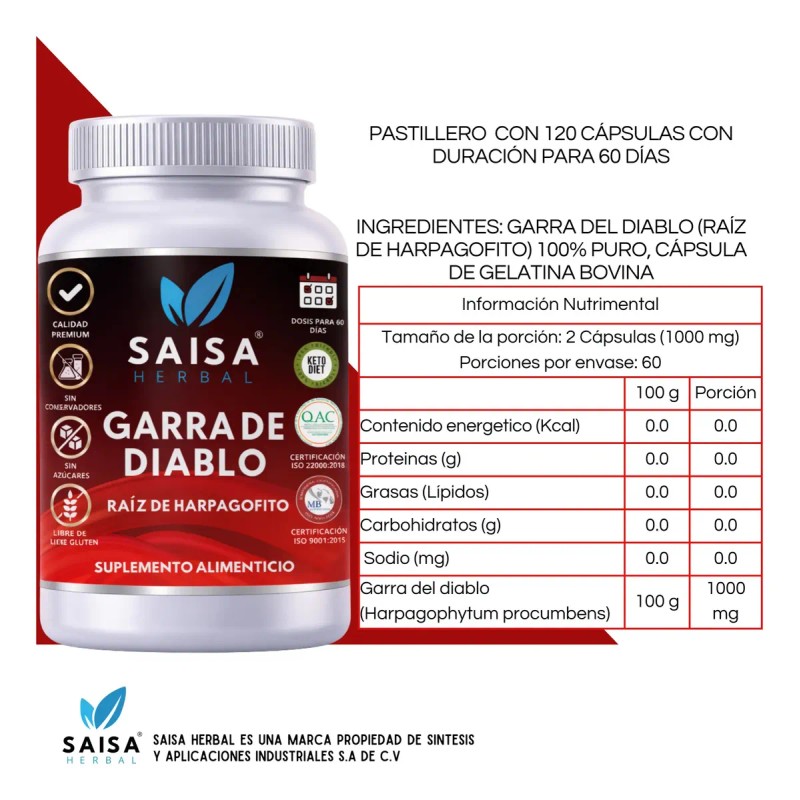 Garra Diablo 120 Cáps Saisa Herbal Suplemento Alimenticio Dolor Articular