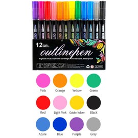 12 Color Metallic Outline Markers，Double Line Glitter Pens for Greeting Cards,Art Drawing, Cards & Crafts (12)