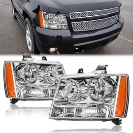 Headlight Assembly for 2007-2013 Chevy Tahoe Suburban Avalanche Replacement Headlights Driver and Passenger Side Pair, Chrome Housing Amber Side