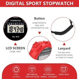 BLACK Sports Stopwatch Multi-Function Sport Digital Stopwatch Timer, Large Display, Single Lap/Split Memory Stopwatch with 12/24 Hour Clock Alarm Calendar for Training Swimming Running (Red)