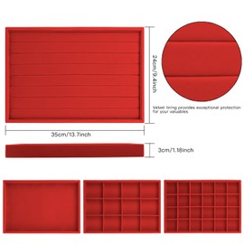 Lainrrew Jewelry Tray, 4 Pack Jewelry Organizer Velvet Jewelry Tray Stackable Jewelry Trays, Necklace & Earring Holder, Divided Bracelet & Ring Storage, 13.8"x9.5"x1.2" - Elegant Display Case (Red)