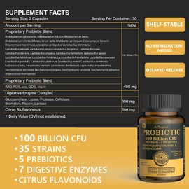 Organic Probiotics for Women & Men, 100 Billion CFU Probiotic for Digestive, Gut & Immune Health - with Prebiotics, Bioflavonoids & Digestive Enzyme, 35 Strains Raw Probiotic Supplement, 180 Caps