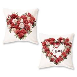 ONWAY Valentines Day Pillow Covers 18x18 Set of 2 Rose Heart Decorative Throw Pillows Love Valentine Patio Outdoor Cushion Cases for Sofa Couch Home Decorations