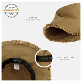 CHOK.LIDS Frayed Bucket Hats for Women Men Unisex Trendy Washed Cotton Floppy Wide Brim Boonie Outdoor Summer Beach Headwear (Khaki)