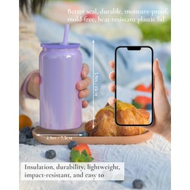 UIRZOTN Glass Cups with Lids and Straws, 16oz Stainless Steels Cups, Beer Cups, Iced Coffee Cup, Smoothie Cup, Sublimation Tumbler, Purple (Shiny Polished Finish, Sublimatable)