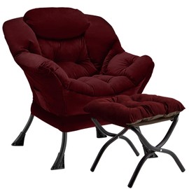 Congermom Lazy Chair with Folding Ottoman Modern Large Accent Chair,Contemporary Lounge Leisure Sofa Chair with Armrests Upholstered Sofa Armchair Reading Chair for Bedroom,Dorm & Office,Dusty Rose