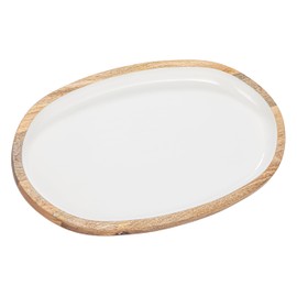 Creative Co-Op Oval Enameled Mango Wood Tray, White and Natural