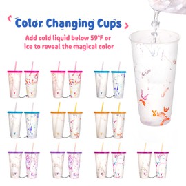 Meoky Color Changing Cold Cups with Lids and Straws - 10 Pack 24 oz Plastic Cute Tumblers Bulk, Reusable for Kids Women Party, Iced Coffee(Swirl)