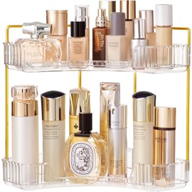 Vorey Bathroom Countertop Organizer 2 Tier Corner Makeup Organizer Countertop Perfume Tray Skincare Storage Cosmetic Organizer Bathroom Counter Shelf for Bathroom, Gold