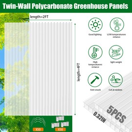 GGNEBAI Polycarbonate Greenhouse Panels 5 Pack 4' x 2' x 0.32" Twin-Wall UV-Protected All Weather Plastic Roof Panel Clear Replacement Sheets for Garden Fences, Furniture DIY,Outdoor Roofing