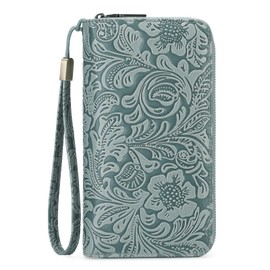 GOIACII Women's Wallet Wristlet Ladies Phone Purse RFID Blocking Card Holder Grip Hand Strap Double Zip Vegan Leather Blue