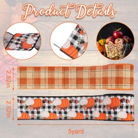 2 Rolls Fall Fabric Ribbons Thanksgiving Decor Ribbons Pumpkin Black White Plaid Burlap Linen Ribbons for Thanksgiving Fall Party Hanging Decoration Gift Wrapping Indoor Outdoor Craft Supplies 5 Yards
