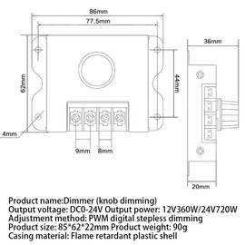 CTRICALVER Single Color, LED Light Strip Switch Dimmer, PWM Dimming Controller 12V-24V 30A + Two Pairs of Male and Female DC connectors + 5m 22AWG Two-core Cable